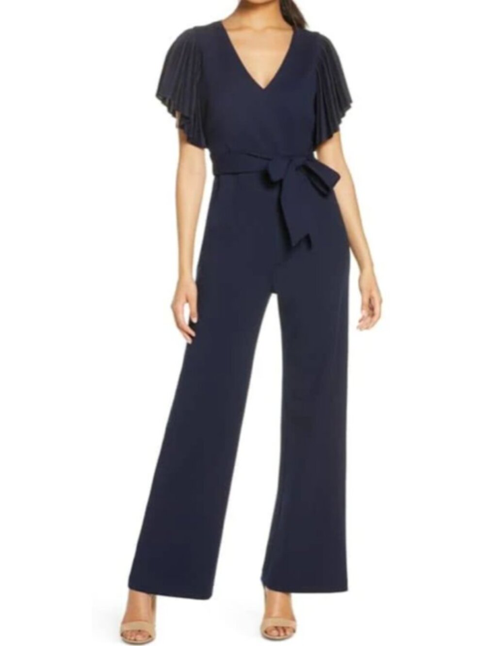Eliza J Navy Pleated Flutter-Sleeve Jumpsuit size 6